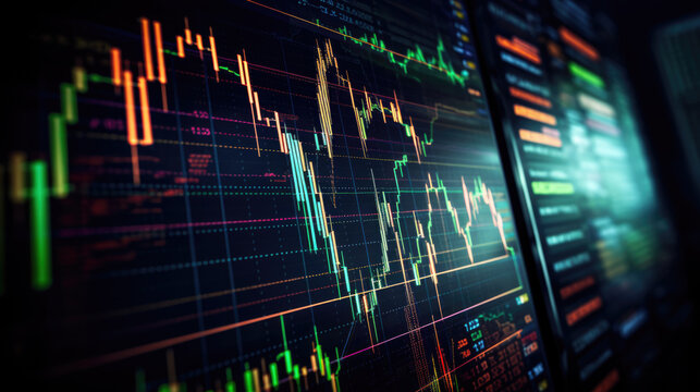 Close-up of a financial trading screen displaying market data with various colored candlestick charts, numerical values, and trend lines indicating stock performance.