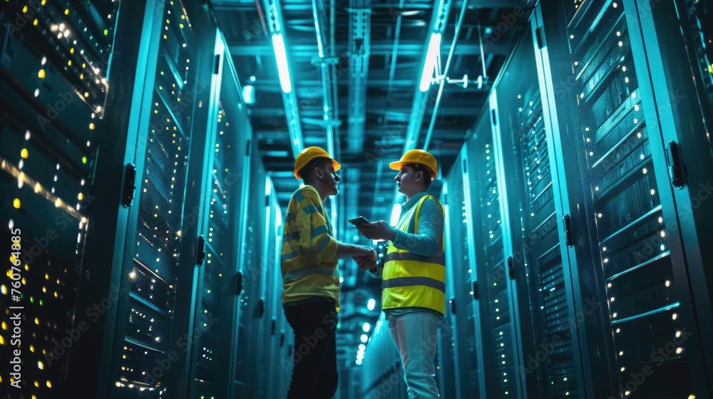 Aufkleber two engineers having a discussion in the brightly illuminated aisle of a server room filled with rac