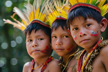 Naklejka premium Curious Amazonia native tribe children. Culture jungle. Generate Ai