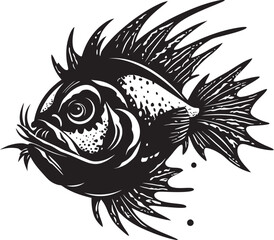 Maleficent Monstrosity Angular Fish Logo with Sinister Aura Fiendish Fins Evil Angler Fish Iconography