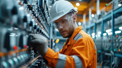 Maintenance worker with orange overalls and white hard hat working on high tech equipment. Generative AI. - 760764873