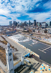 Aerial view of Montreal old port in spring 