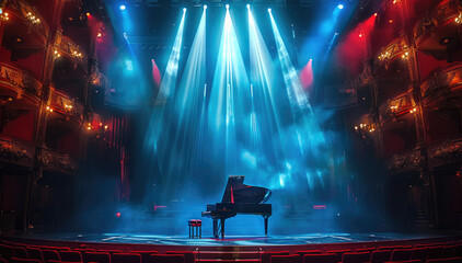 Theater with cinematic colors and creative stage lighting in blue, and in the middle of the stage there is a piano and some red lighting. Generative AI.
