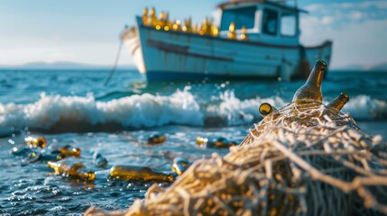 Boat filled with glass bottles and tangled in fishing net floating on the ocean with another sailboat in the distance.