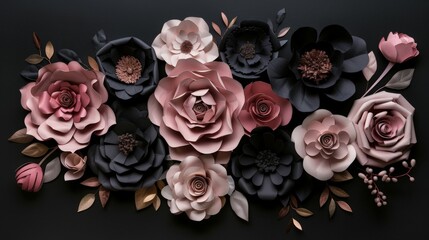 Array of Paper Flowers on Black Background