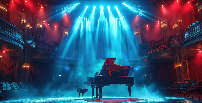 Theater with cinematic colors and creative stage lighting in blue, and in the middle of the stage there is a piano and some red lighting. Generative AI.