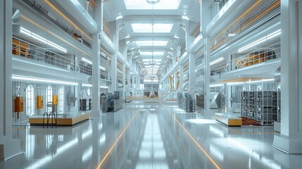 A Factory of the future 3D in holography, 3D model of a modern and futuristic factory, extremely modern technology. Generative AI.