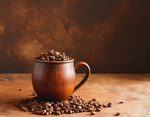 Tasse mit Kaffeebohnen gefüllt vor braunen Hintergrund blank mit braunen Boden  - obrazy, fototapety, plakaty