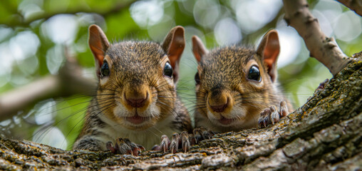 Close-up of eastern chipmunks on a tree branch in green foliage