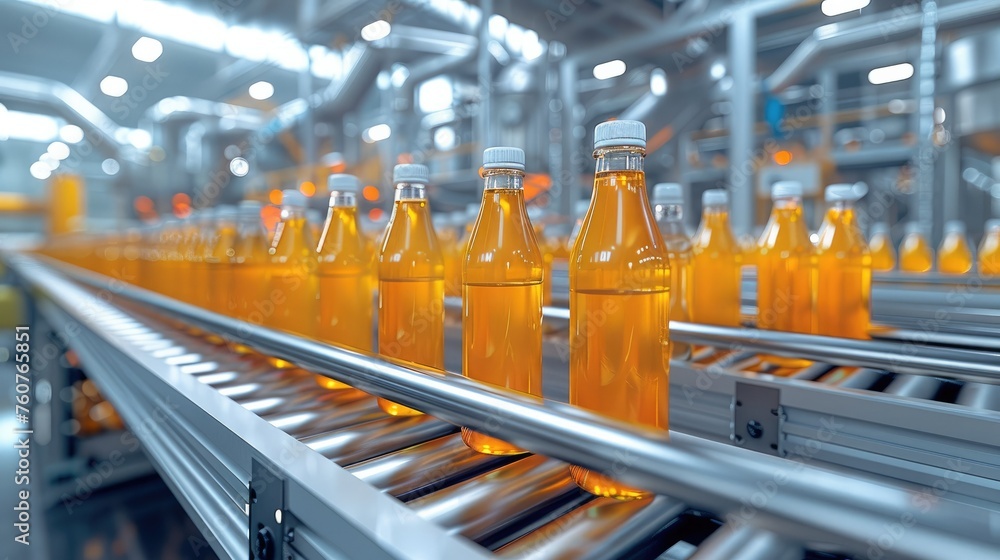 Poster water or juice bottles are conveyed on a conveyor at a beverage factory. . generative ai.