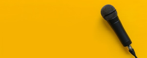 Black microphone on a bright yellow background. Studio shot with copy space. Podcasting and audio recording concept for banner,
