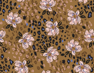 Modern and Trendy Hand drawn blooming flower with Leopard animal skin Seamless pattern - 760765836
