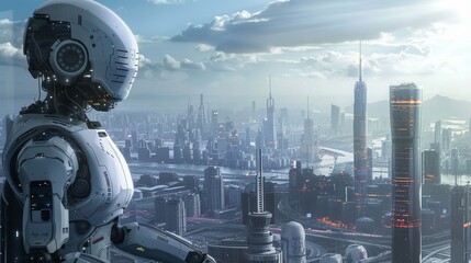 Back view of a humanoid robot overlooking a modern city skyline. Sci-fi illustration for futuristic urban life and advanced robotics
