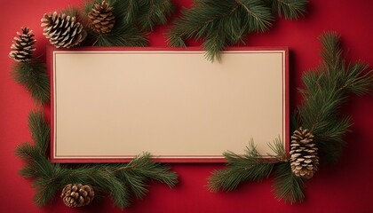 Fototapeta na wymiar christmas frame with fir branches A blank Christmas sign with a red background and a green border. The sign is white and rectangular 