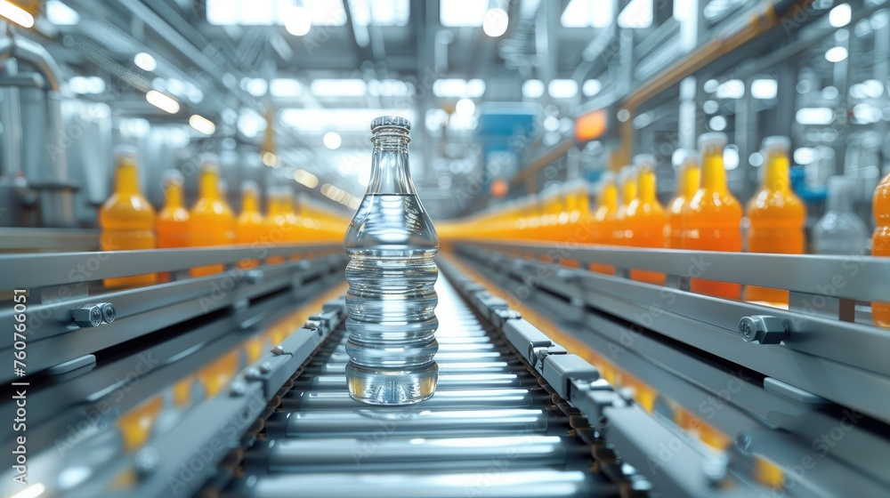 Poster water or juice bottles are conveyed on a conveyor at a beverage factory. . generative ai.