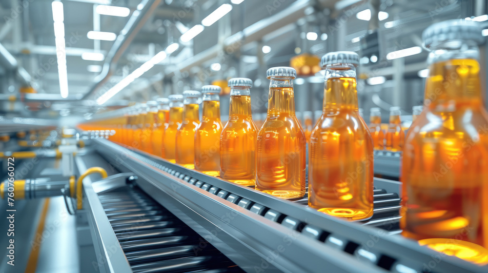 Poster water or juice bottles are conveyed on a conveyor at a beverage factory. . generative ai.