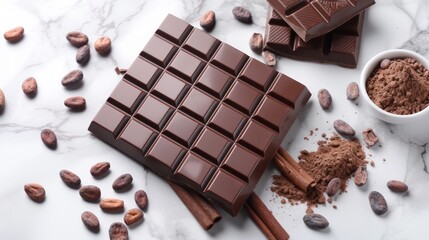 Chocolate. Beautiful chocolate background. Sweet food photography concept. Dark chocolate, crushed cocoa beans, fruits on a delicate background.