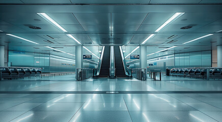 Staff-only liminal space in an airport, mechanical systems, escalators, empty counters and rows of...