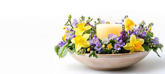 Candle Centerpiece in Ceramic Bowl with Mixed Spring Flowers.Celebration spring holiday Easter, Spring Equinox day, Ostara Sabbat.