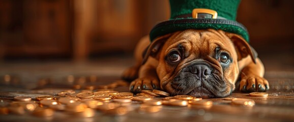 A playful Boston Terrier wearing a green top hat, surrounded by pots of gold and glittering coins, with a mischievous grin on its face, Wallpaper Pictures, Background Hd - obrazy, fototapety, plakaty