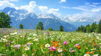 Alpine Meadow Blooming with Wildflowers and Mountain Vistas