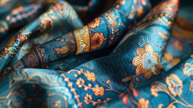 A classic European textile design featuring intricately folded fabric adorned with traditional floral motifs. Fabric pattern.