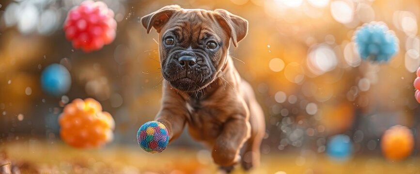 A playful Boxer puppy chasing after a rainbow-colored ball in a sunlit backyard, with St Patrick's Day balloons floating in the air , Wallpaper Pictures, Background Hd