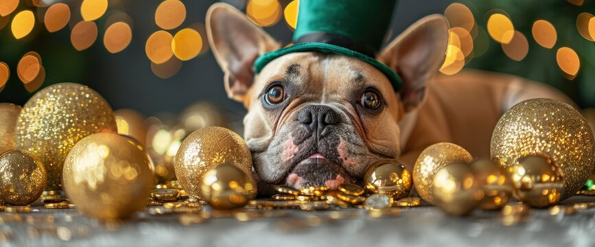 A playful Boston Terrier wearing a green top hat, surrounded by pots of gold and glittering coins, with a mischievous grin on its face, Wallpaper Pictures, Background Hd