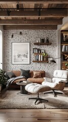 Cozy modern living room with brick wall, wooden ceiling, and designer furniture. Interior design concept for home decor magazines and furniture catalogs.