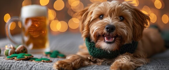 A playful Cocker Spaniel wearing a green bowtie, surrounded by St. Patrick's Day decorations, Wallpaper Pictures, Background Hd