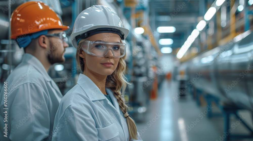 Poster portrait of 3 colleagues in a laboratory of a cement production company. generative ai.