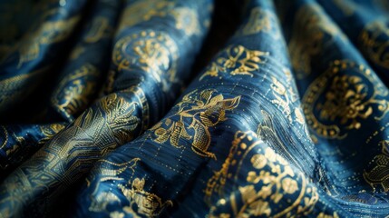 A classic European textile design featuring intricately folded fabric adorned with traditional floral motifs. Fabric pattern. - obrazy, fototapety, plakaty