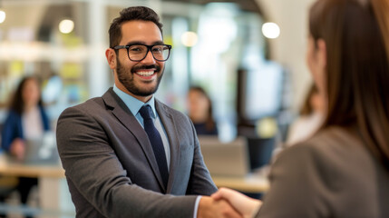Fototapeta premium A bearded man in a suit with glasses is smiling and shaking hands with a colleague in a modern office environment.