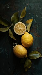 Lemons on branch with leaves on dark moody background. Citrus fruits composition with a tropical feel.