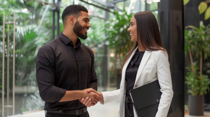A smiling woman and man are exchanging a handshake in a bright office environment, indicating a professional greeting or agreement.