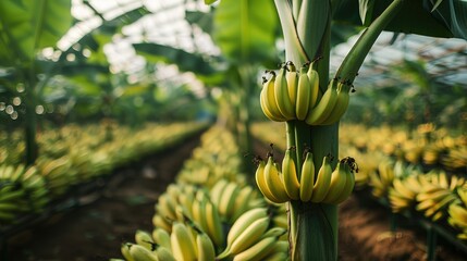 Ripe bananas growing on tree in greenhouse. Generative AI.