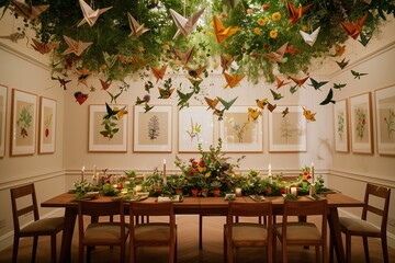 Fototapeta na wymiar An elegant dining room transformed with Earth Day-inspired decorations, where a large, solid oak table stands under a ceiling installation of hanging greenery and recycled paper origami birds.