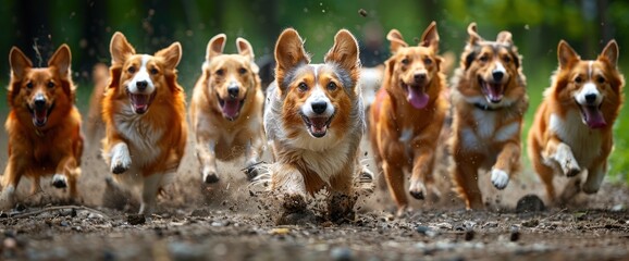 A playful scene captures the joyous chaos of a dog and his canine friends as they play a spirited game of soccer, their tails wagging and tongues lolling with excitement
