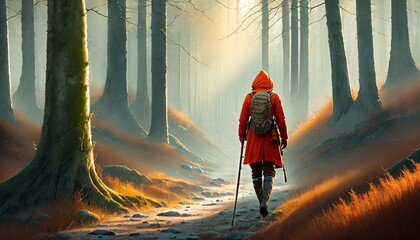 a tourist walks through the forest