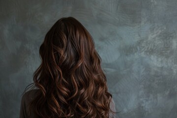 Long brown hair woman by wall - obrazy, fototapety, plakaty
