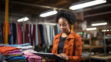 Focused businesswoman is using a tablet in a clothing boutique, with various garments and fashion items displayed in the background. - obrazy, fototapety, plakaty