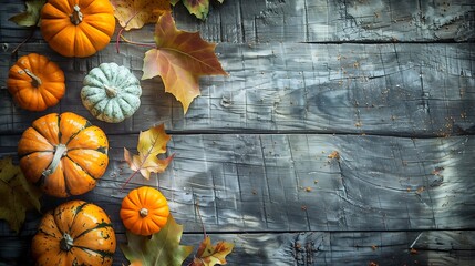 pumpkins and leaves on a vintage wooden surface, with space for text