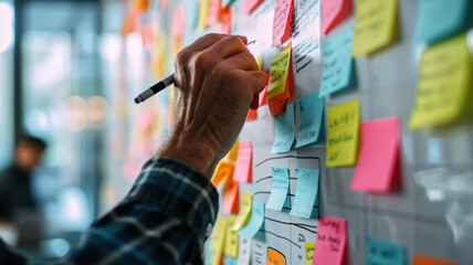 Obraz premium A person's hand is captured placing a colorful sticky note on a glass wall filled with planning notes during a collaborative session. 