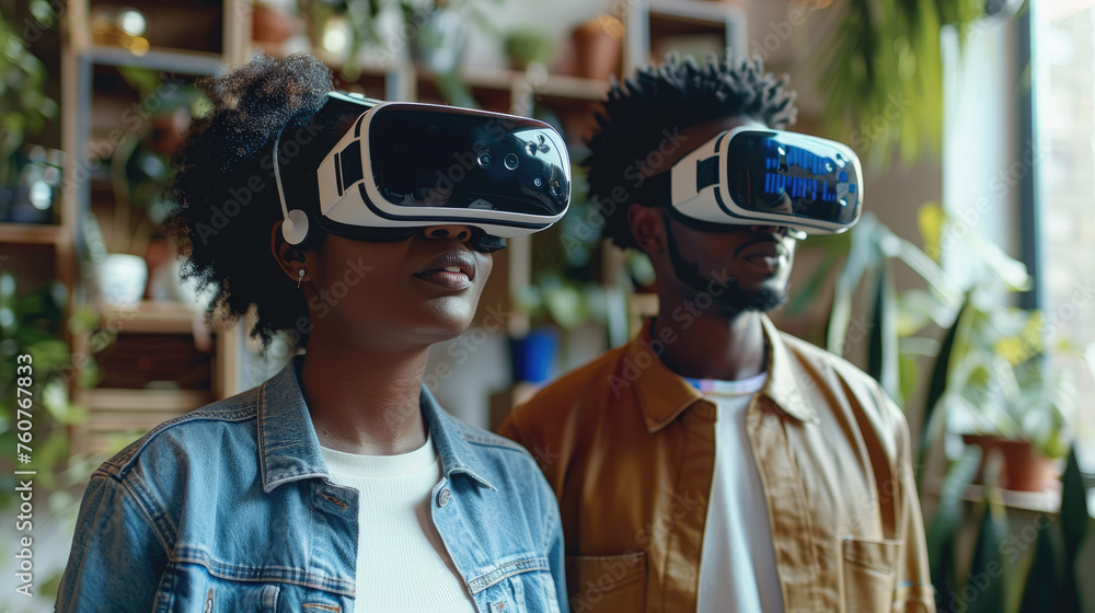 Poster portrait of two diverse developers using vr glasses. male and female. generative ai.