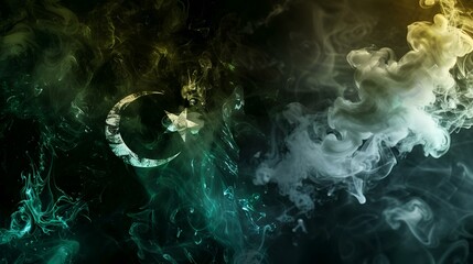 Cloud of blue and green smoke of the month of Ramadan Kareem on a black isolated background