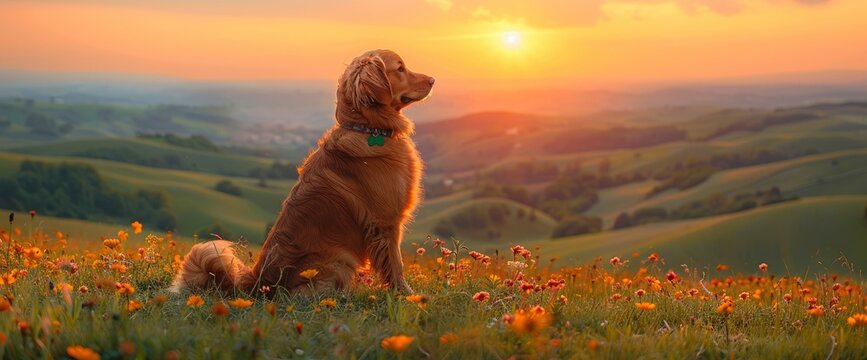 A regal Golden Retriever wearing a shamrock collar, posing against a backdrop of rolling green hills and a vibrant rainbow, Wallpaper Pictures, Background Hd
