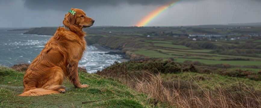 A regal Golden Retriever wearing a shamrock collar, posing against a backdrop of rolling green hills and a vibrant rainbow, Wallpaper Pictures, Background Hd