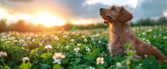 A regal Irish Setter standing proudly amidst a field of clovers, with a rainbow stretching across the sky in the background, celebrating St Patrick's Day, Wallpaper Pictures, Background Hd - obrazy, fototapety, plakaty