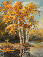 A painting depicting trees standing along the banks of a flowing river