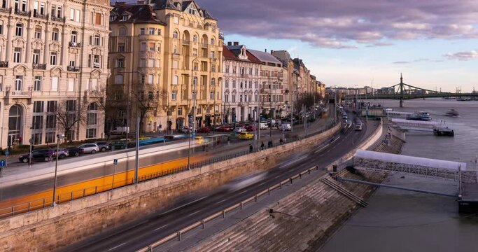 Budapest, Hungary - February 5, 2024: Landscape view from Erzsebet Bridge. Time-lapse, zoom out transition.